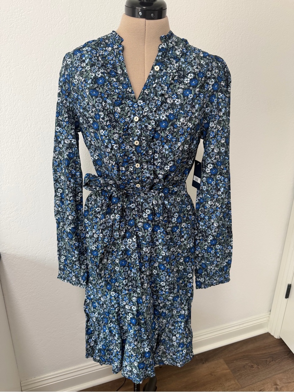 Lucky Brand Blue Floral Long-Sleeve Button Dress with Tie Waist
